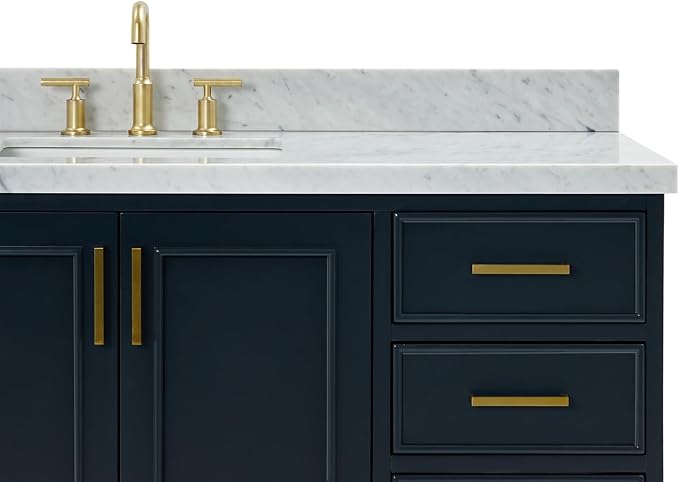 Langford 60-inch Midnight Blue Bathroom Vanity with Center Rectangle Single Sink, Italian Carrara Marble Countertop & Backsplash, Solid Wood Frame, Soft-Closing & Dovetail Drawers