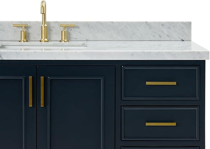 Langford 60-inch Midnight Blue Bathroom Vanity with Center Rectangle Single Sink, Italian Carrara Marble Countertop & Backsplash, Solid Wood Frame, Soft-Closing & Dovetail Drawers