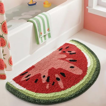 DEXI Cute Watermelon Bath Mat, Half Round Fruit Bathroom Rugs 36x20