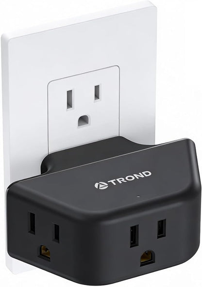 TROND 360 Rotating Plug Outlet Extender for Bathroom Kitchen, Black | Outlet Splitter with 3 Grounded Sockets, No Blocking with 3 Way Angled Design, Small Multi Plug Adapter for Home Office