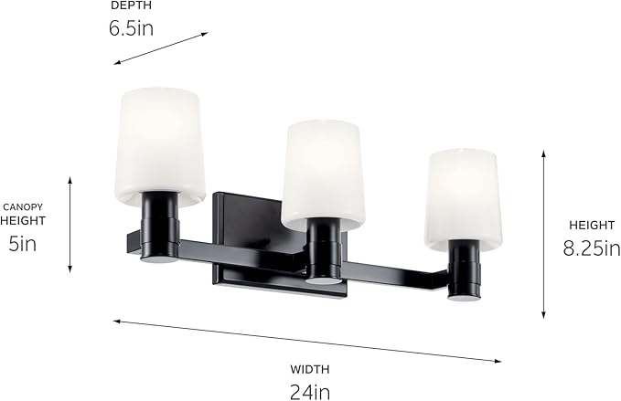 Kichler Adani 3-Light Vanity, Modern Light with Opal Glass in Black, Bathroom or Powder Room (8.25" x 24"), 55176BK