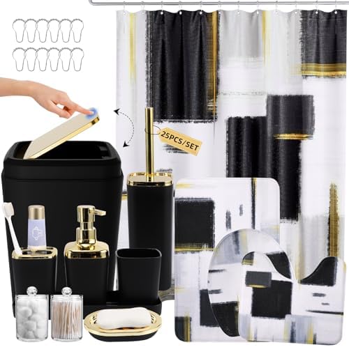 XLHOMO Bathroom Accessories Set - 25PC Bathroom Set with Shower Curtain and Rugs, Black Bathroom Set, Bathroom Accessory Set with Press-on Lid Trash Can, Soap Dispenser and Qtip Holders