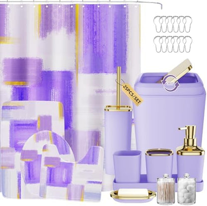 XLHOMO Bathroom Set - Purple and Gold Bathroom Accessories Set, Bathroom Sets with Shower Curtain and Rugs, Purple Shower Curtain Set with Bathroom Trash Can, Soap Dispenser, Soap Dish for Home Decor
