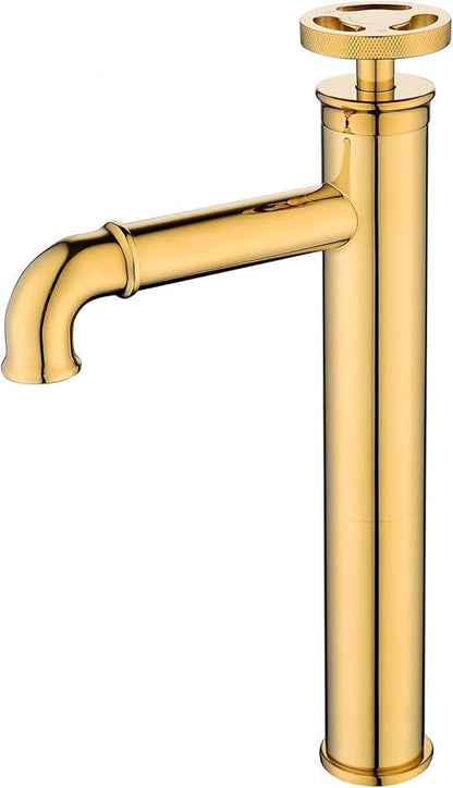 Industrial Bathroom Faucet Brass, Single Hole One Wheel Handle, Tall Deck Mounted Sink Cold and Hot Water Mixer Tap-Bright Gold(Bright Gold)
