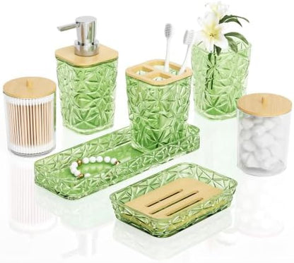 Green Bathroom Accessories Set 7 Pcs, Green Bathroom Sets, Acrylic Soap Dispenser and Toothbrush Holder Set, Qtip Holder Set, Bathroom Sink Set, Gift for Home Apartment