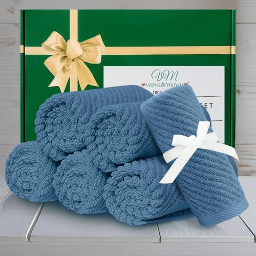 VOOVA & MOVAS Washcloths 6PC, 100% Cotton, 13x13 in, Denim Blue