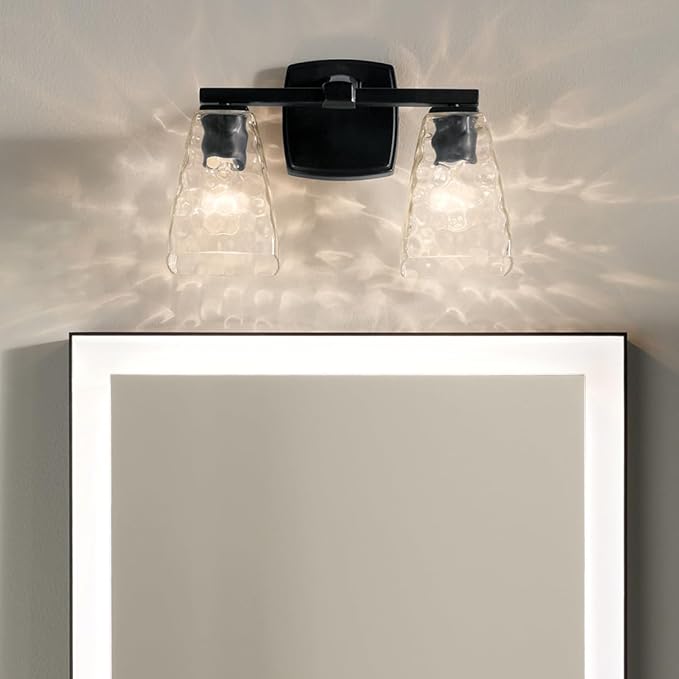Kichler Marant 14.25" 2-Light Vanity Light with Clear Water Glass in Black, for Bathroom, Powder Room, Over a Mirror, (14.25" W x 9.5" H), 55215BKWTR