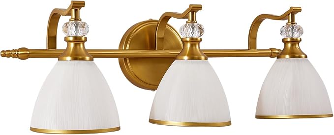 Bathroom Light Fixture, 3-light Brass Vanity Light, Vintage Bathroom Lights Over Mirror with Crystal Beads, Wall Sconce Lighting with Frosted Milky Glass Shade, E26 Base (Bulbs Not Included)
