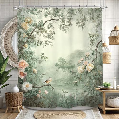 Vintage Flower Birds Shower Curtain 60Wx72L Inch Botanical Blossom Peony Cottagecore Green Leaves Scenery Bathroom Set Accessories Decor with 12 Pack Hooks