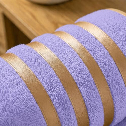 6-PCS Coral Fleece Microfiber Towel Set with Gold Stripes, Super Absorbent, Multiple Colors Available for Home, Bathroom, Hotel & Gym (6, Purple)