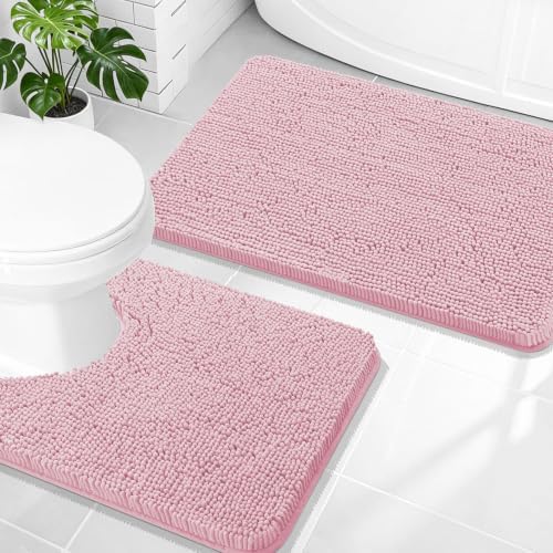 OLANLY Chenille Bathroom Rugs Mats Set 2 Piece, 30"x20"+24"x20", Dusty Rose