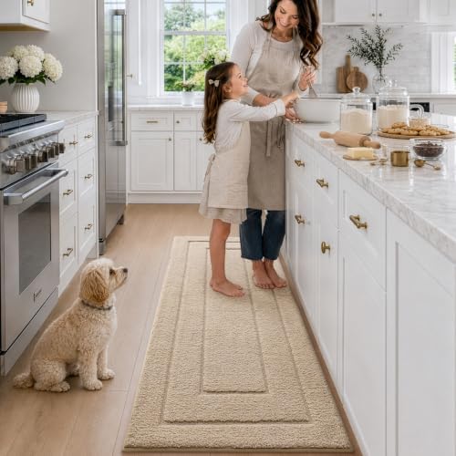 DEXI Bathroom Runner Rugs 72x24, Non-Slip and Absorbent Bath Mat, Beige