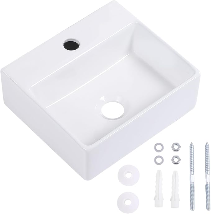 Small Wall Mount Bathroom Vessel Sink 13"x12" Rectangular Floating White Porcelain Ceramic Wall Hung Vanity Basin Sink for Tiny Home,RV,Bathroom