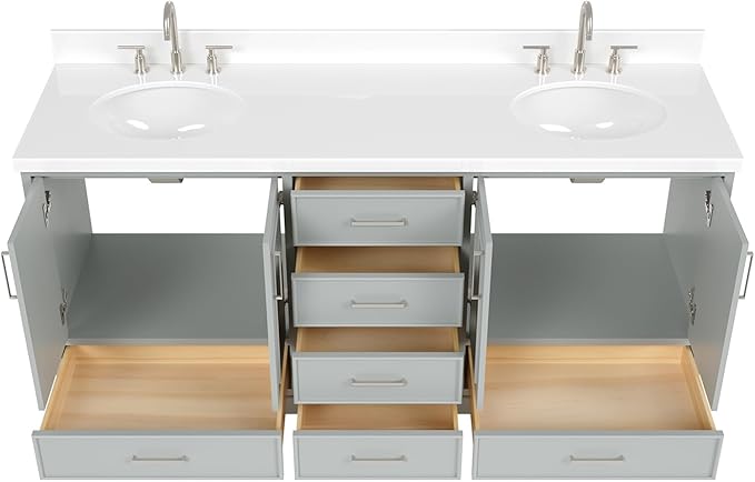ARIEL Stafford 72-inch Bathroom Vanity with Sink,Solid Wood, 1.5-inch Pure White Quartz Countertop & Backsplash, Double Oval Porcelain Sink, 4 Soft Closing Doors, 6 Dovetail Drawers, Grey