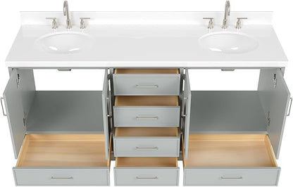 ARIEL Stafford 72-inch Bathroom Vanity with Sink,Solid Wood, 1.5-inch Pure White Quartz Countertop & Backsplash, Double Oval Porcelain Sink, 4 Soft Closing Doors, 6 Dovetail Drawers, Grey
