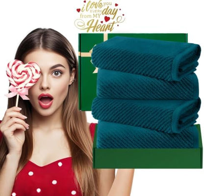 VOOVA & MOVAS Hand Towels 4PC, 100% Cotton, 18x28 in, Deep Turquoise