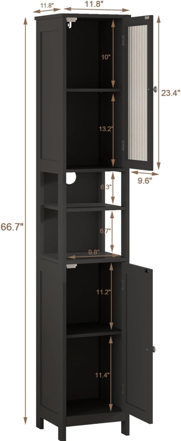 ChooChoo Narrow Bathroom Storage Cabinet with Light， Space Saving | Space Saving,Tall Bathroom Storage Cabinet, 5-Tier, 2 Doors, Slim, Freestanding, Adjustable Shelves, Black