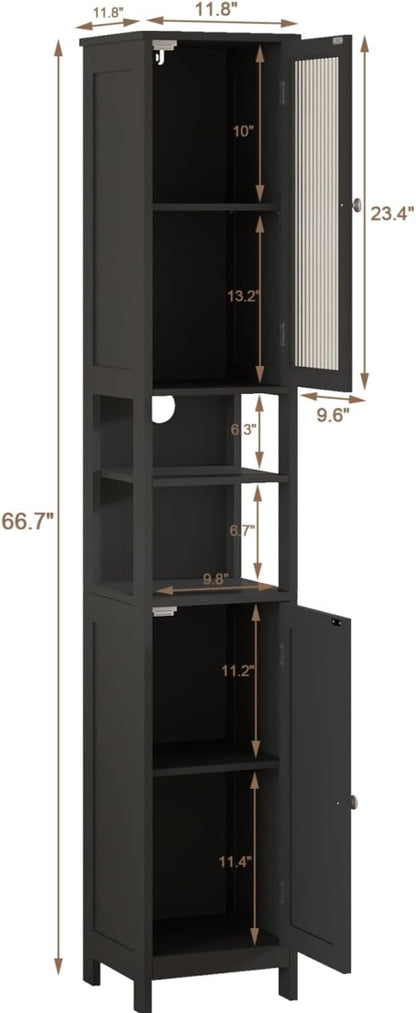 ChooChoo Narrow Bathroom Storage Cabinet with Light， Space Saving | Space Saving,Tall Bathroom Storage Cabinet, 5-Tier, 2 Doors, Slim, Freestanding, Adjustable Shelves, Black