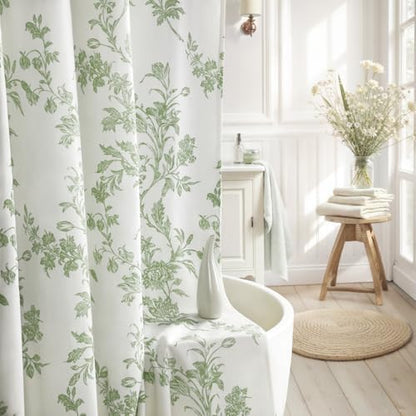 Sage Green Floral Shower Curtain,Vintage Cotton Cottagecore Shower Curtains for Bathroom, 72" W x 78" L