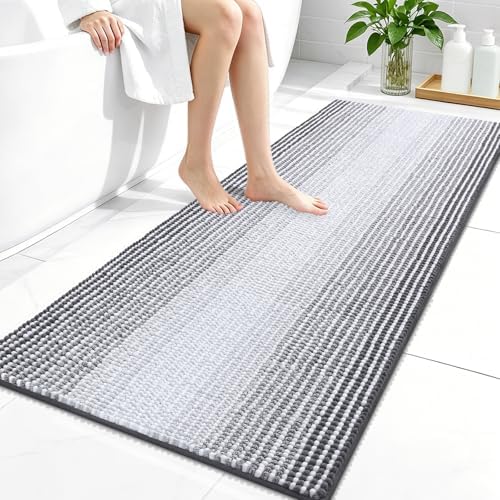 OLANLY Bathroom Runner Rugs 47x24, Soft Chenille Striped Bath Rugs, Grey