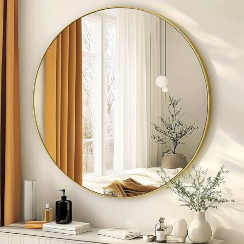 Gold Circle Mirror 22 inch, Round Mirror, Brushed Gold Metal Frame