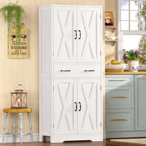 WEENFON Tall Storage Cabinet with 2 Adjustable Shelves & 1 Large Drawer, Kitchen Pantry Cabinet with 4 Doors, Bathroom Storage Cabinets, for Living Room, Kitchen, Bathroom, White