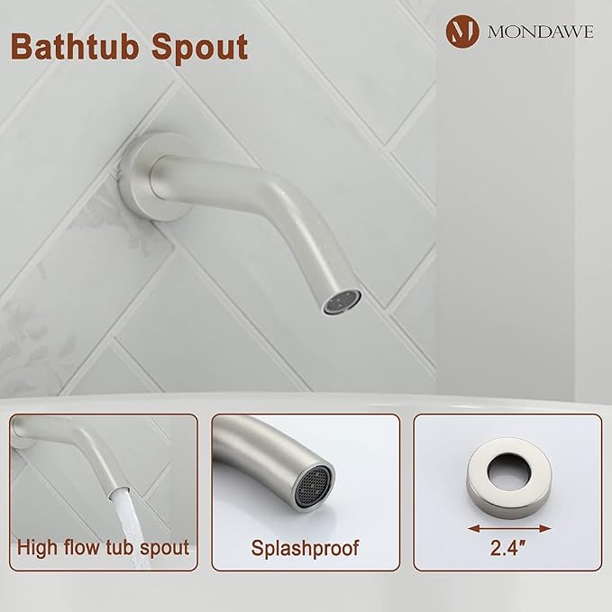 MONDAWE 9 Inch Wall Mounted Shower Faucet Set with Tub Spout in Brushed Nickel, Rainfall Shower Head with 3-Setting Handheld Spray Shower Combo, High Pressure Shower System with Solid Brass Valve