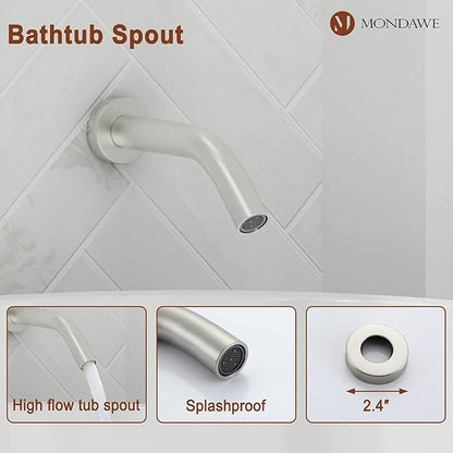 MONDAWE 9 Inch Wall Mounted Shower Faucet Set with Tub Spout in Brushed Nickel, Rainfall Shower Head with 3-Setting Handheld Spray Shower Combo, High Pressure Shower System with Solid Brass Valve