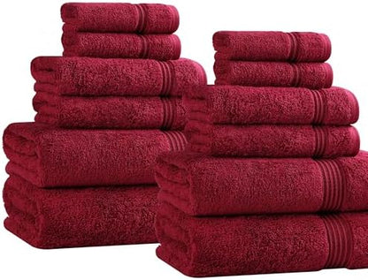 Superior Egyptian Cotton 12-Piece Towel Set, Assorted Towels for Home Bathroom, Master, Guest Bath, Decor Essentials, Includes 4 Bath, 4 Hand, 4 Face Towels/Washcloths, Quick Dry, Absorbent, Burgundy