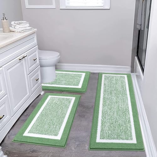 Pauwer Bathroom Rugs 3 Piece Set, Non Slip Washable Bath Mat, Green