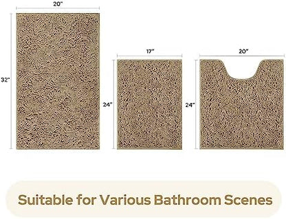 HOMEIDEAS Taupe Chenille Bathroom Rugs Set of 3, Non Slip Bath Mat