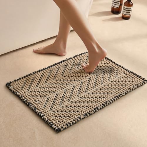 Sunfly Waffle Bath Mat, Boho Bathroom Rugs Non Slip Washable Super Absorbent Quick Dry Bath Mat Farmhouse Bathroom Decor, 16"x24" Black &Khaki