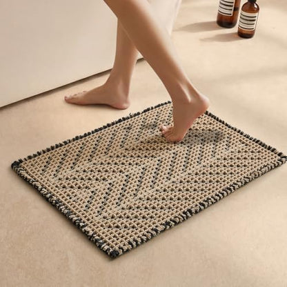 Sunfly Waffle Bath Mat, Boho Bathroom Rugs Non Slip Washable Super Absorbent Quick Dry Bath Mat Farmhouse Bathroom Decor, 16"x24" Black &Khaki