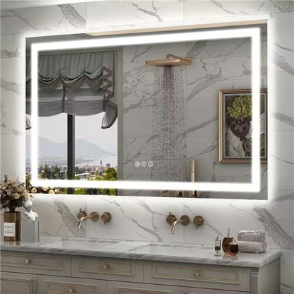 50x36 LED Lighted Bathroom Mirror for Vanity Wall | Front Light and Backlit, Anti-Fog, Memory, 3 Color, Tempered Glass, Dimmable, Rectangular, UL, Horizontal/ Vertical Mounted