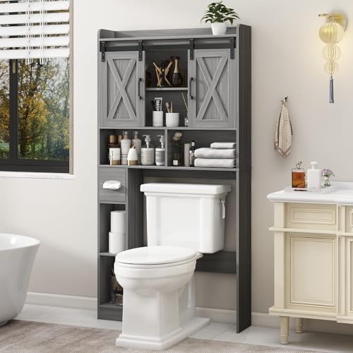 Vabches Over The Toilet Storage Cabinet with Sliding Doors, Wash Grey