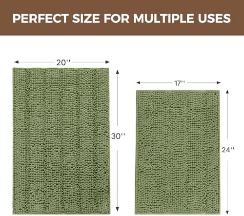 Bcoimo Bath Rugs Mat Set,2 Piece Non Slip Chenille Sage Bathroom Mat Sets