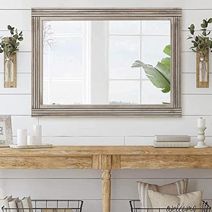 YOSHOOT Hand-Made Wooden Spliced Wall Mirror for Bathroom, Rustic Farmhouse Vanity Mirror, Décor Wall Art, Solid Wood Frame, Vertical or Horizontal Hanging, 72" x 36", Grey