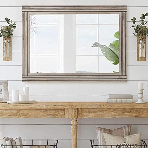 YOSHOOT Hand-Made Wooden Spliced Wall Mirror for Bathroom, Rustic Farmhouse Vanity Mirror, Décor Wall Art, Solid Wood Frame, Vertical or Horizontal Hanging, 60" x 30", Grey