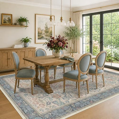 Soft Red and Blue 8x10 Living Room Rug, Oriental Non-Slip Area Rug for Dining Room Under Table, Natural Washable Low Pile Bedroom Carpet, Botanical & Bird Pattern Home Decor