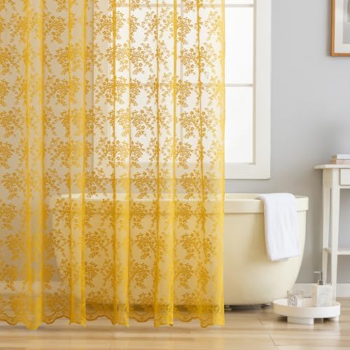 Mustard Yellow Lace Shower Curtain for Bathroom with Valance, 72 X 72 Inch