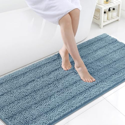 Grandaily Chenille Striped Bathroom Rugs 70x24, Extra Thick and Soft Absorbent Bath Mats, Rubber Backing, Plush Shaggy Shower Carpet, Machine Wash Dry, Bath Rug for Bathroom, Airy Blue