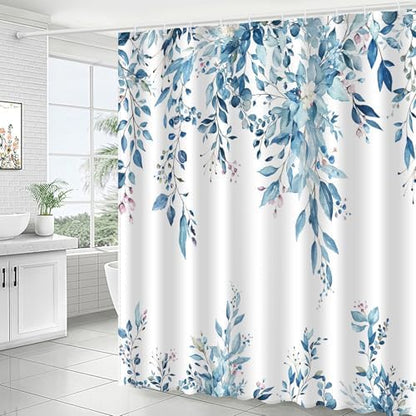 Eucalyptus Shower Curtain, Aesthetic Art Watercolor Plant Leaves with Floral Bathroom Decor, Waterproof Fabric Cloth Bath Curtain Set with Hooks (Blue, 72" W x 72" L)