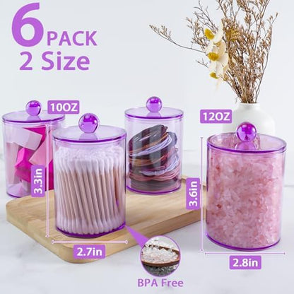6 Pcs Acrylic Qtip Holder, Cotton Ball Holder Jars with Lids, Purple