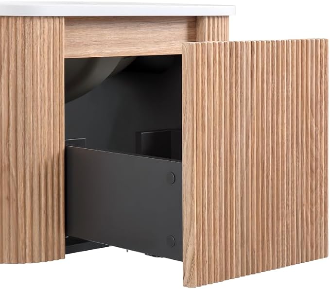 24 Inch Wall Mounted Bathroom Vanity with Ceramic Sink, Pre-Assembled Floating Vanity Cabinet with Marble Countertop, Wave Texture Finish & Drawer, Wood
