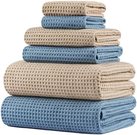 POLYTE 430 GSM Poly Blend Microfiber Quick Dry Waffle Bath Towel Set of 6