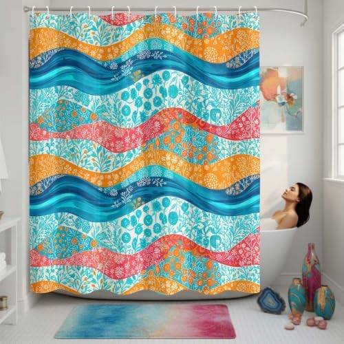 Boho Abstract Ocean Wave Beach Shower Curtain 72x72Inch