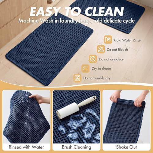 MIULEE Set of 2 Waffle Bathroom Rugs Navy Blue Bath Mat 17"x24"+17"x48"