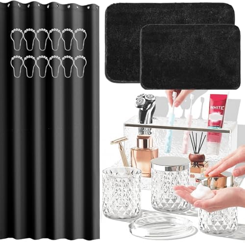 Bathroom Accessories Set - 20PCS Glass Bathroom Set with Shower Curtain and Rugs, Soap Dispenser, Soap Dish, Cup, Qtip Jar, Toothbrush Holder, Stylish & Functional Bath Decor for Home, Apartment