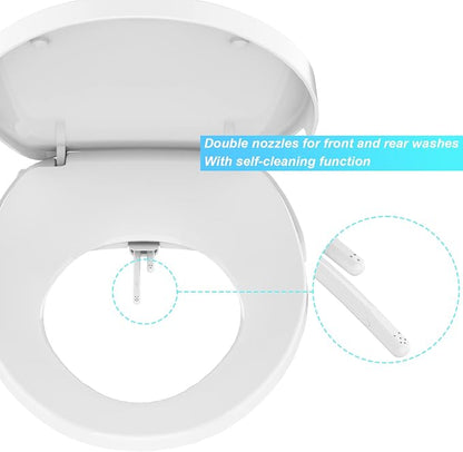 Non-Electric Bidet Toilet Seat for Round Toilet, Quiet Close & Self-Cleaning Dual Nozzles, Easy Installation, Elongated Bidet Seat with Sanitary Wash