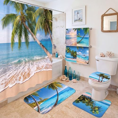 FuWeave 8 Pcs Tropical Beach Shower Curtain Set Summer Palm Tree Bathroom Decor Sea Ocean Waterproof Bathroom Accessories Shower Curtain Sets with Towels Carpet Bath Mat Toilet Rugs and 12 Hooks
